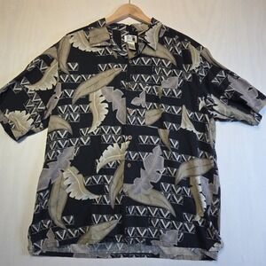 Modern Images XL 100% Silk Hawaiian Camp Shirt Black Beige Tropical Leaf Aloha